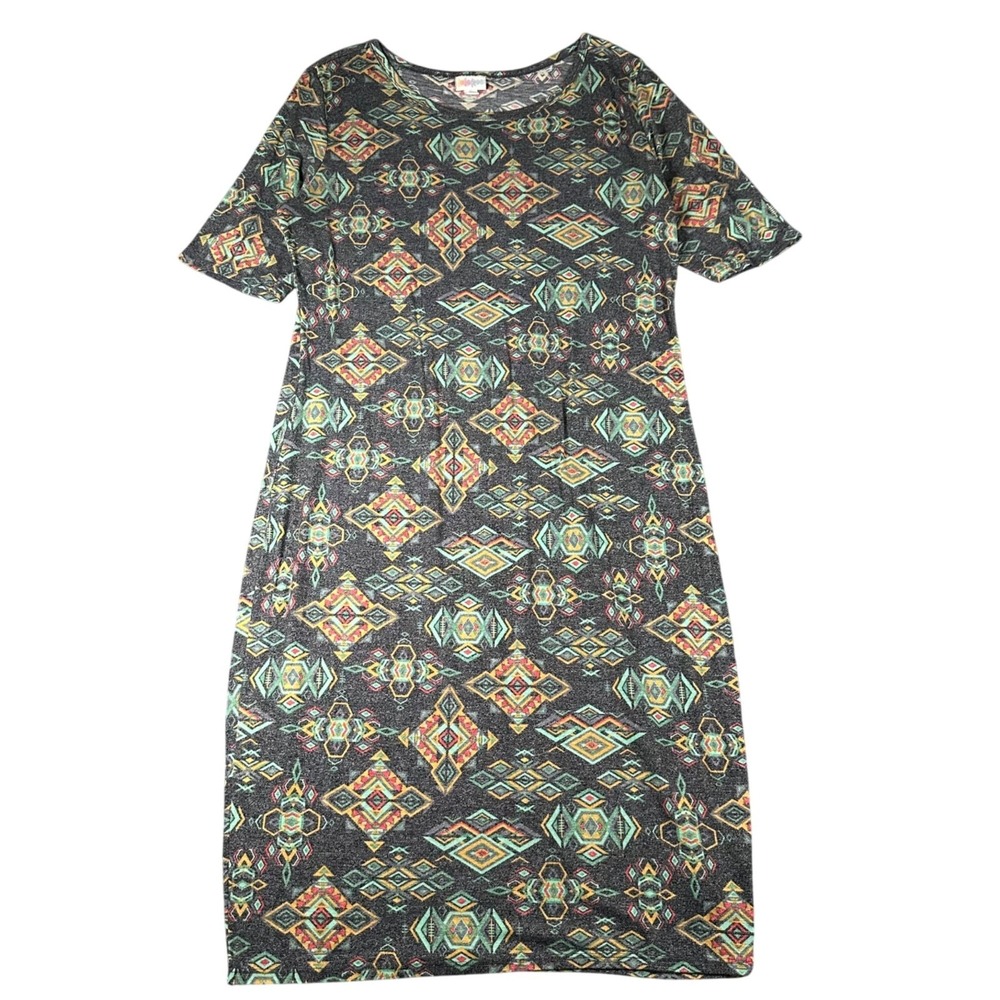 Lularoe Julia Dress XL Gray Multicolor Half Sleeve Round Neck Fitted Form Fittin